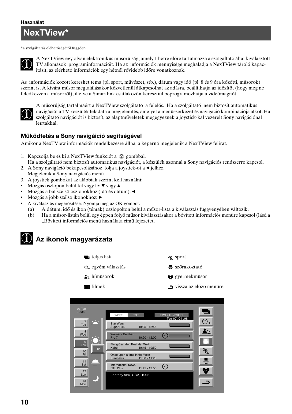 Nextview, Az ikonok magyarázata, Működtetés a sony navigáició segítségével | Sony FD Trinitron KV-32FX65 K User Manual | Page 64 / 108