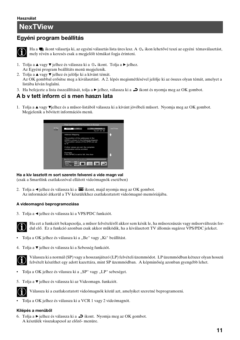 Nextview, Egyéni program beállitás, A b v tett inform ci s men haszn lata | Sony FD Trinitron KV-32FX65 K User Manual | Page 65 / 108
