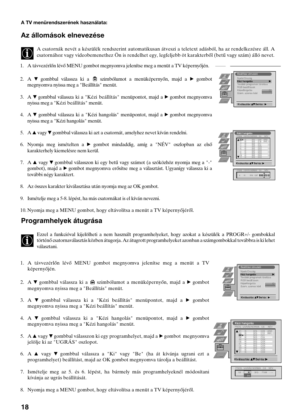 Az állomások elnevezése, Programhelyek átugrása | Sony FD Trinitron KV-32FX65 K User Manual | Page 72 / 108