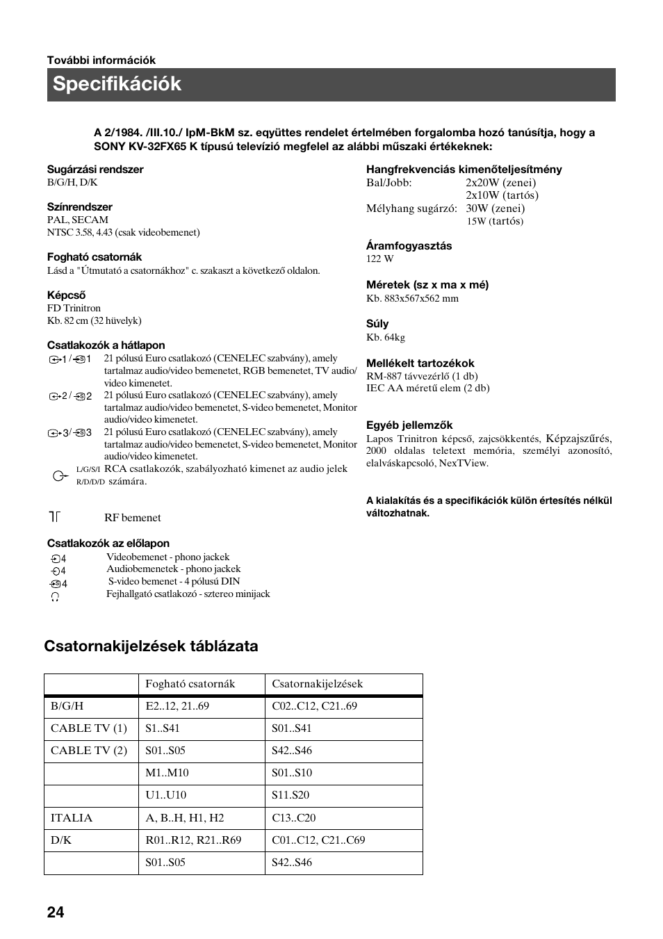 Specifikációk, Csatornakijelzések táblázata | Sony FD Trinitron KV-32FX65 K User Manual | Page 78 / 108