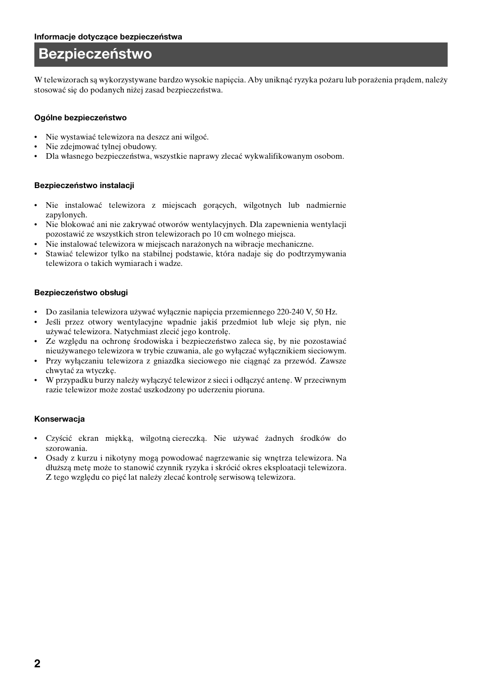 Bezpieczeństwo | Sony FD Trinitron KV-32FX65 K User Manual | Page 82 / 108