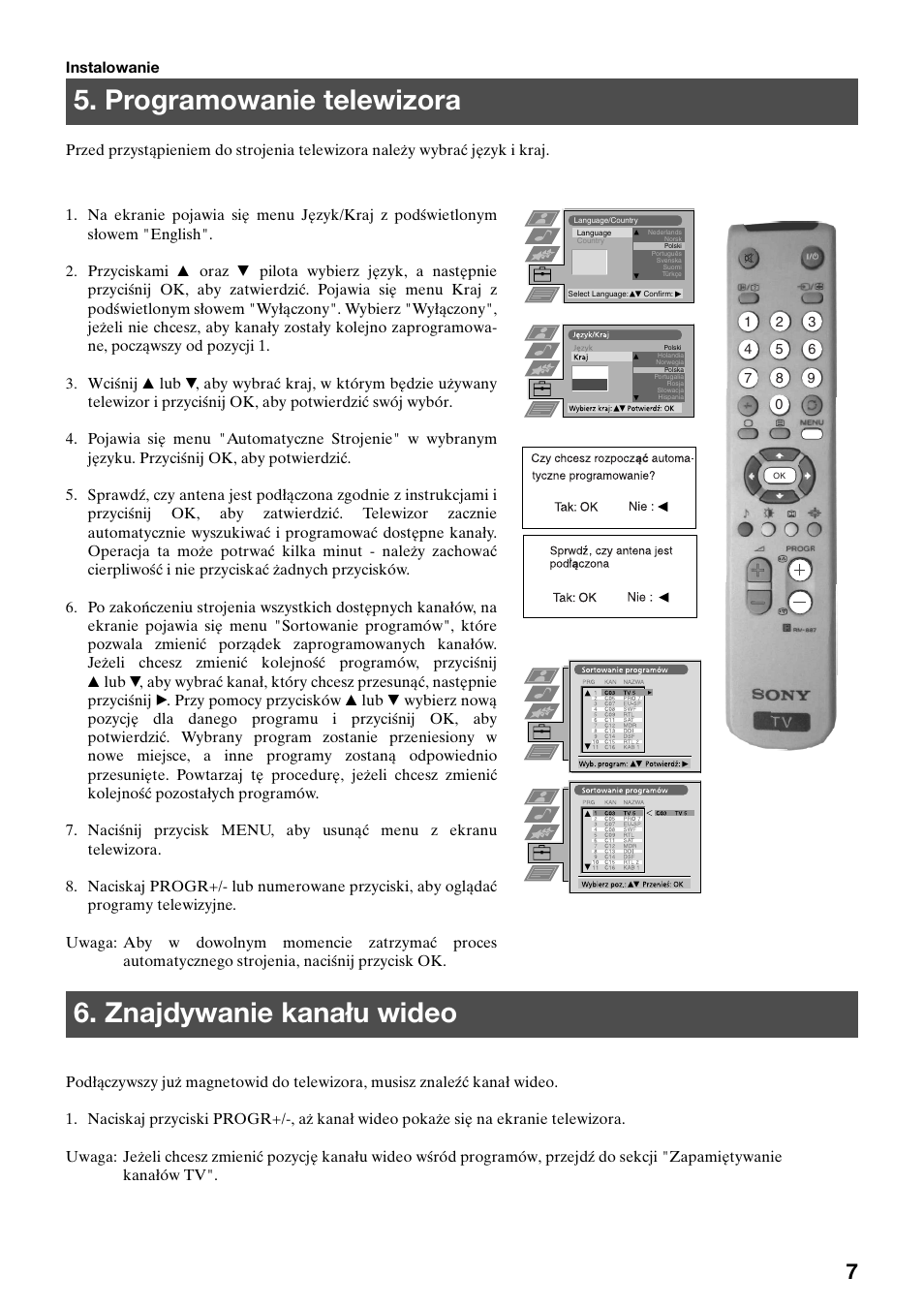 Programowanie telewizora, Znajdywanie kanału wideo | Sony FD Trinitron KV-32FX65 K User Manual | Page 87 / 108