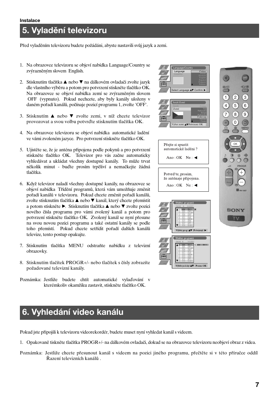 Vyladění televizoru, Vyhledání video kanálu | Sony FD Trinitron KV-32FX65 K User Manual | Page 9 / 108