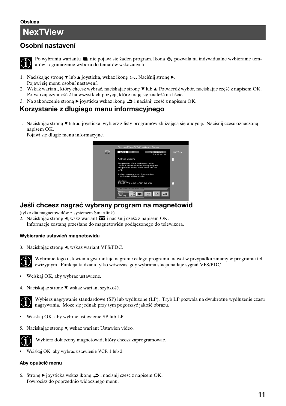 Nextview, Osobní nastavení, Korzystanie z długiego menu informacyjnego | Jeśli chcesz nagrać wybrany program na magnetowid | Sony FD Trinitron KV-32FX65 K User Manual | Page 91 / 108