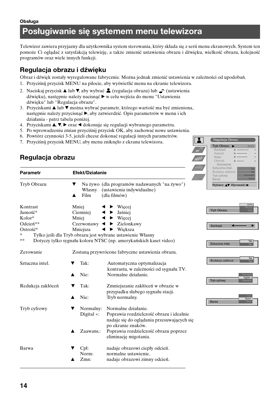 Posługiwanie się systemem menu telewizora, Regulacja obrazu i dźwięku, Regulacja obrazu | Sony FD Trinitron KV-32FX65 K User Manual | Page 94 / 108