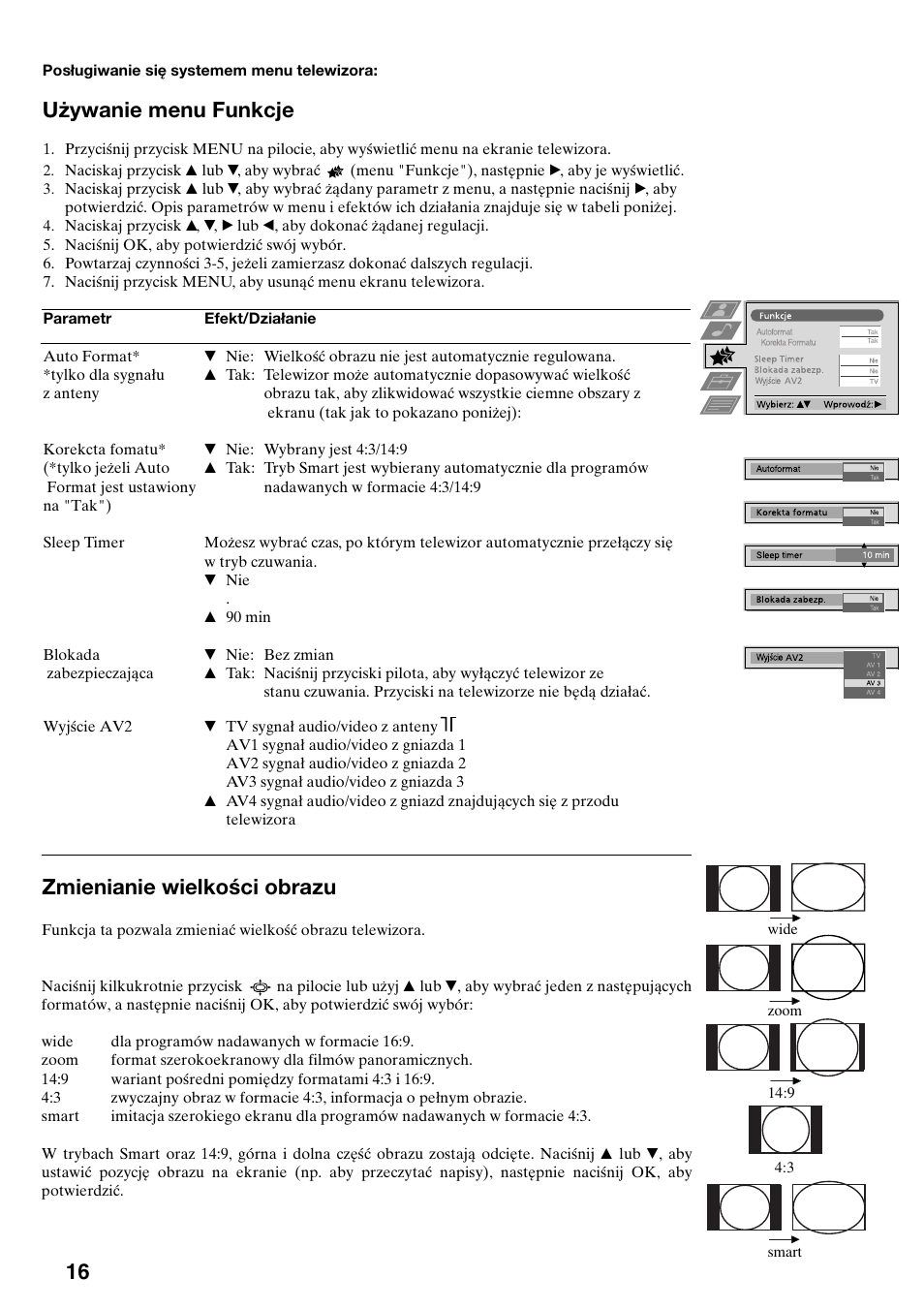 Używanie menu funkcje, Zmienianie wielkości obrazu | Sony FD Trinitron KV-32FX65 K User Manual | Page 96 / 108