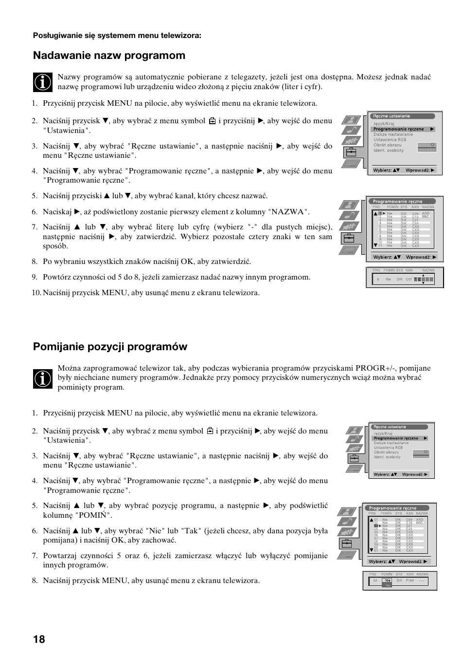 Nadawanie nazw programom, Pomijanie pozycji programów | Sony FD Trinitron KV-32FX65 K User Manual | Page 98 / 108