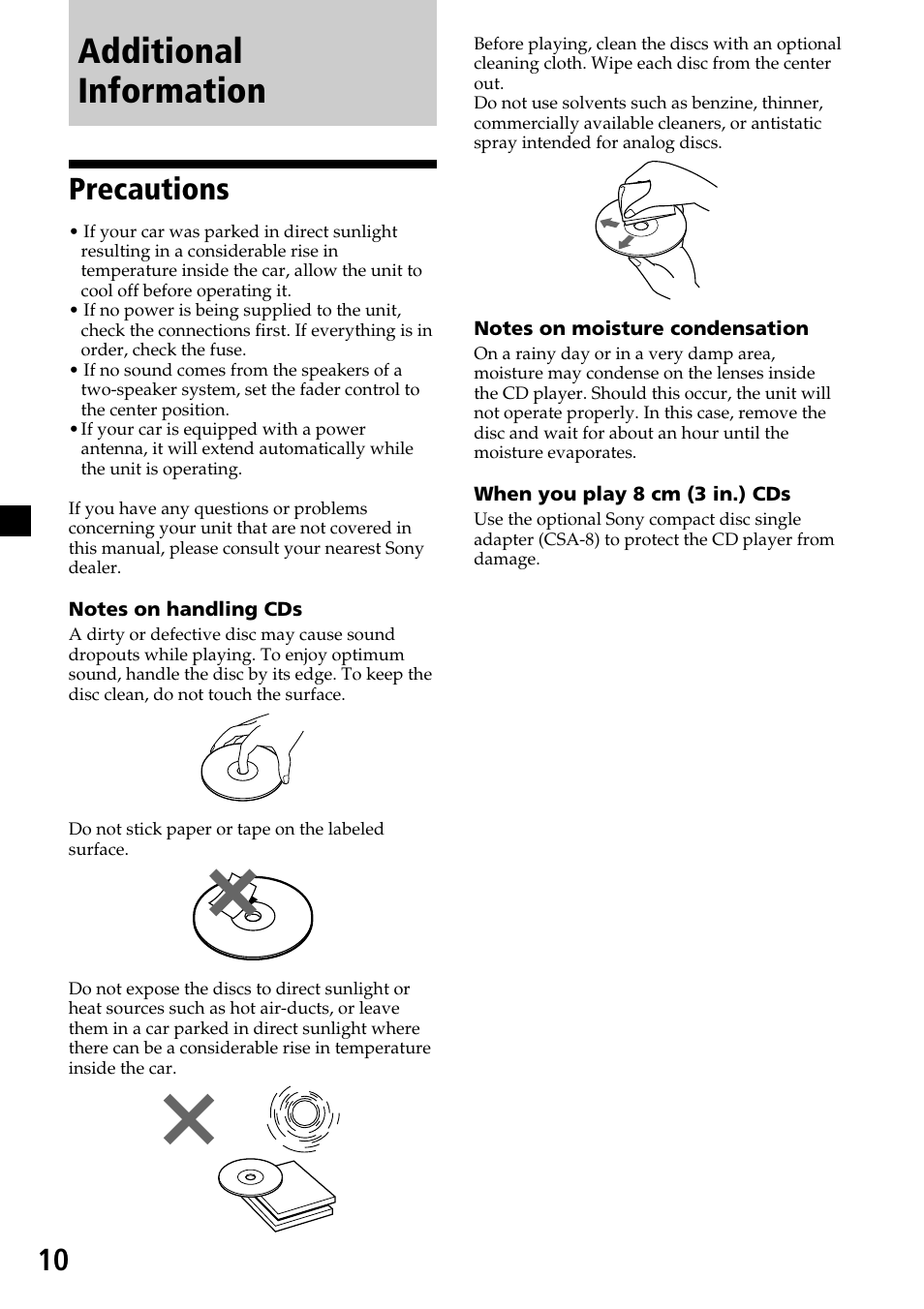 Additional information, Precautions | Sony CDX-4250 User Manual | Page 10 / 16