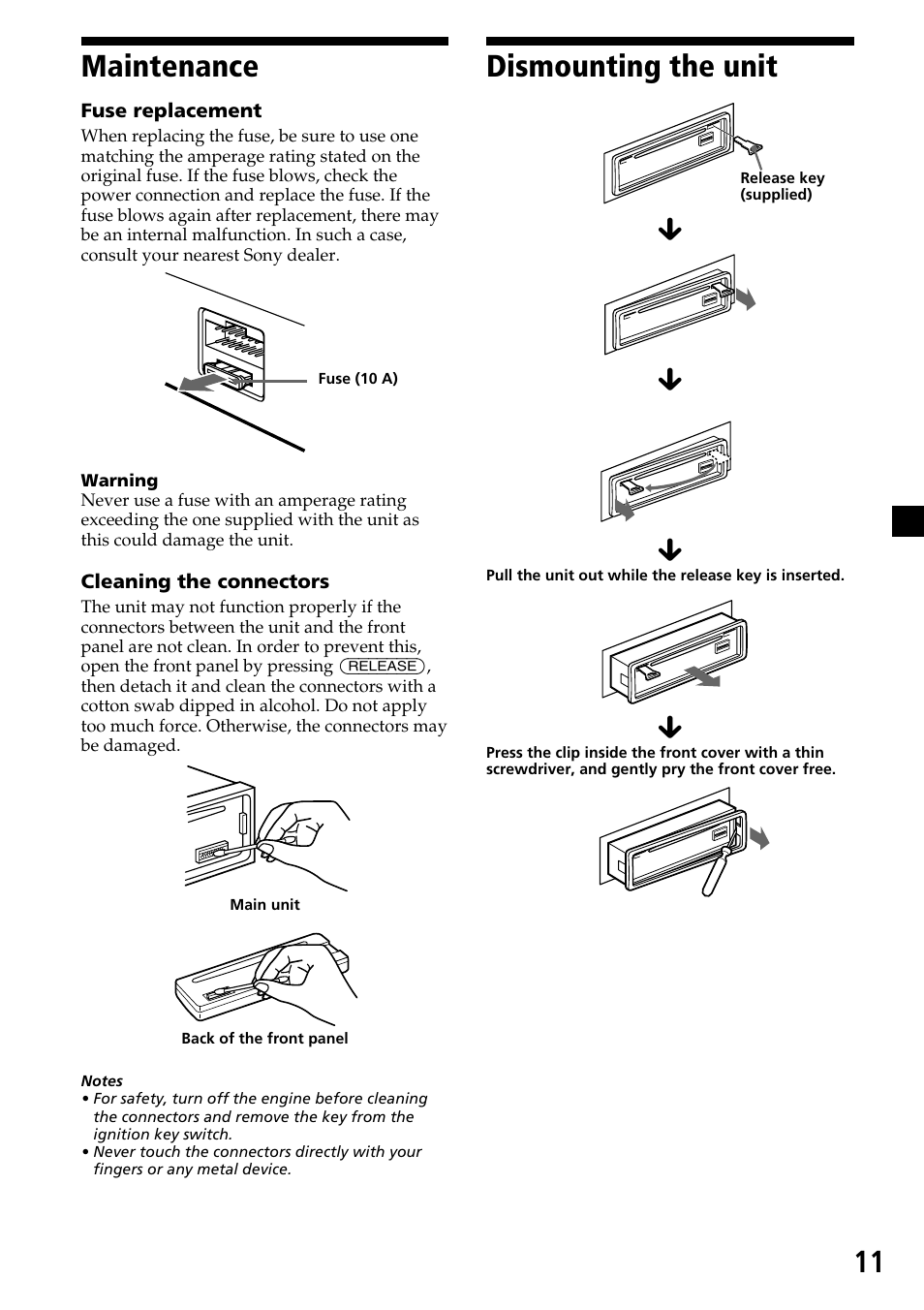 11 dismounting the unit, Maintenance | Sony CDX-4250 User Manual | Page 11 / 16