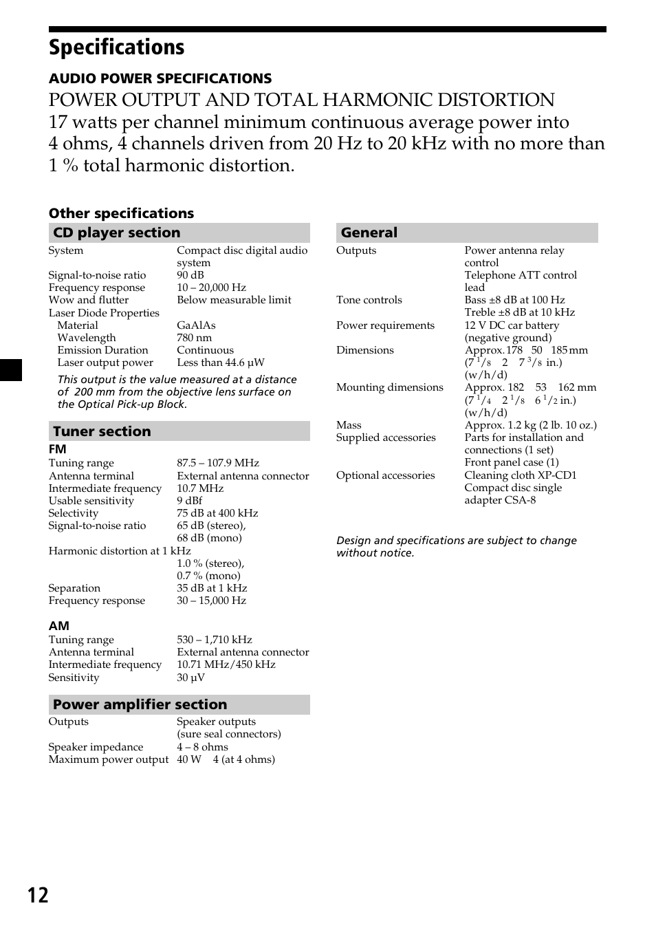 12 specifications, Audio power specifications, General | Sony CDX-4250 User Manual | Page 12 / 16