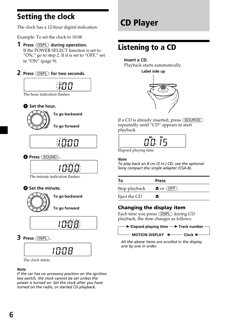 Setting the clock, Cd player, Listening to a cd | 6setting the clock | Sony CDX-4250 User Manual | Page 6 / 16