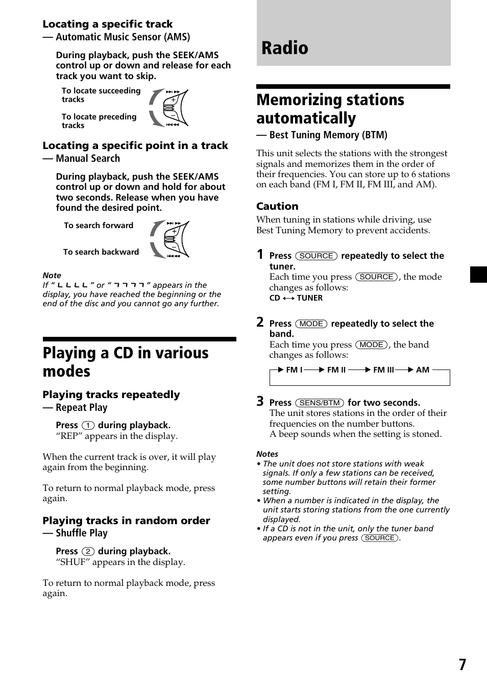 Playing a cd in various modes, Radio, Memorizing stations automatically | Best tuning memory (btm) | Sony CDX-4250 User Manual | Page 7 / 16
