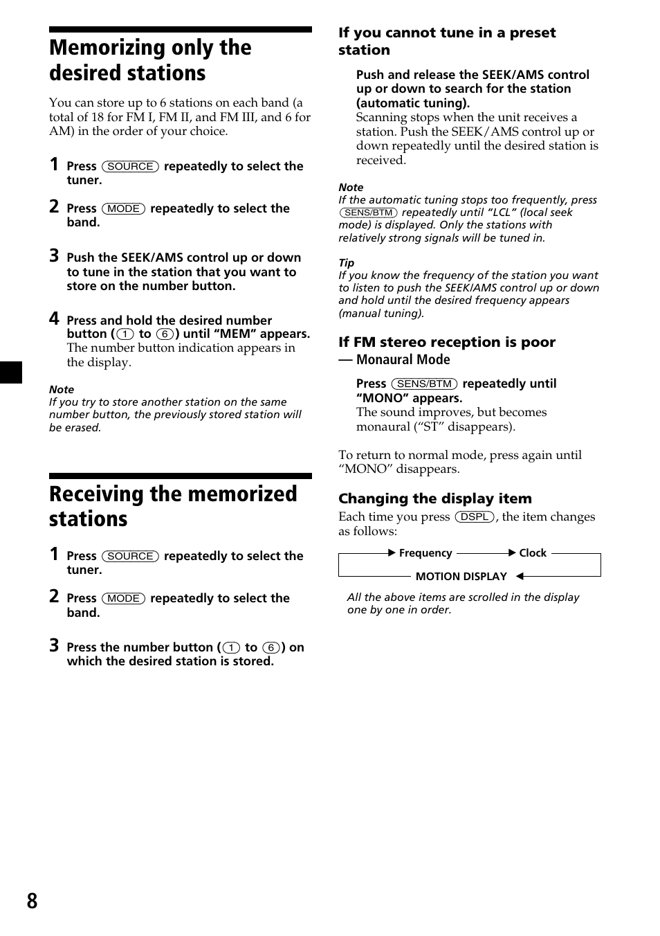 Memorizing only the desired stations, Receiving the memorized stations | Sony CDX-4250 User Manual | Page 8 / 16