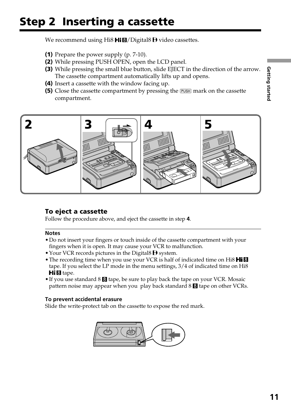 Step 2 inserting a cassette | Sony GV-D800 User Manual | Page 11 / 76