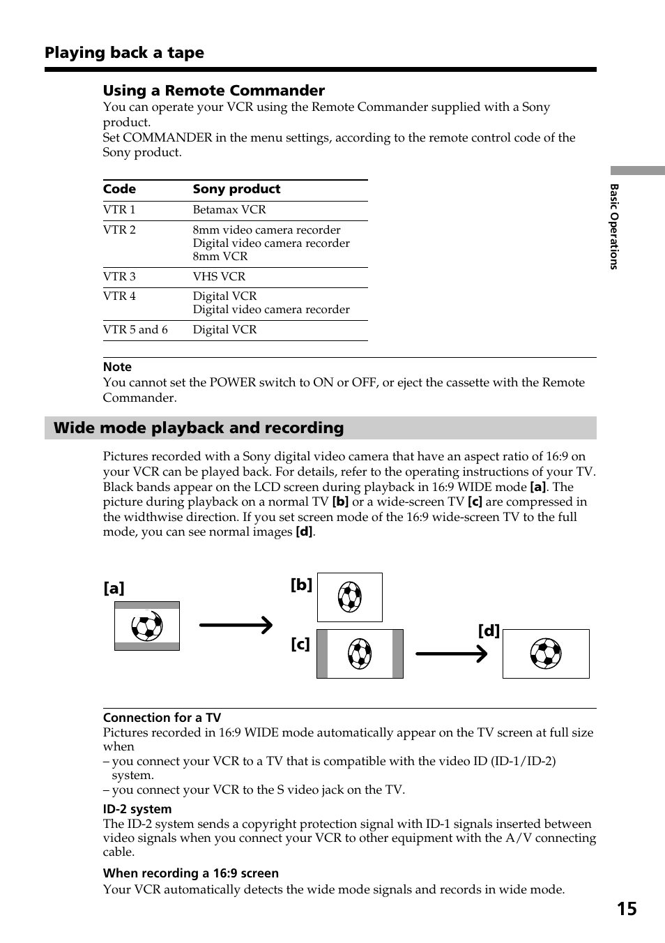 Playing back a tape, Wide mode playback and recording, A] [c] [b | Sony GV-D800 User Manual | Page 15 / 76