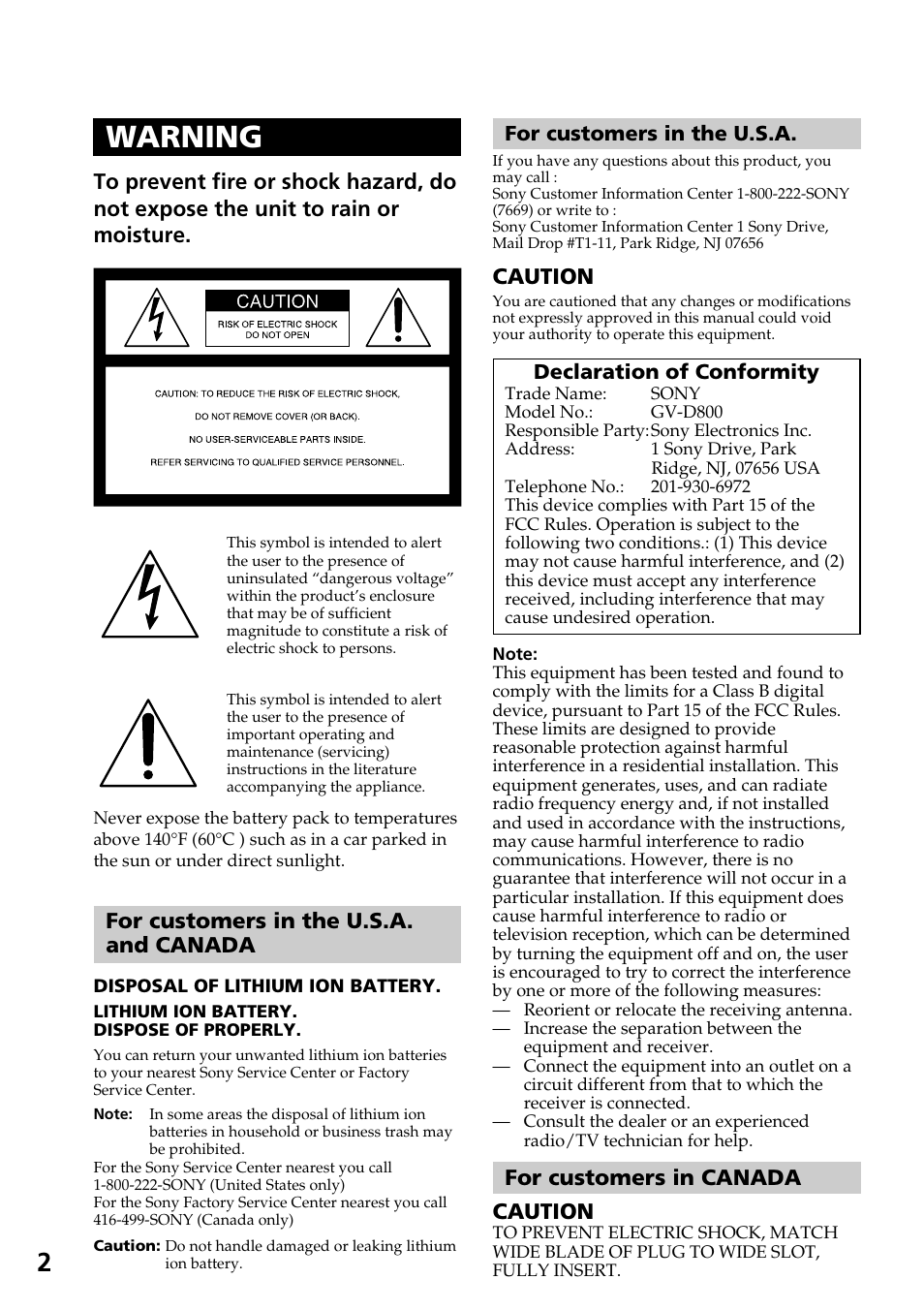 Warning, Caution, For customers in canada caution | For customers in the u.s.a. and canada | Sony GV-D800 User Manual | Page 2 / 76