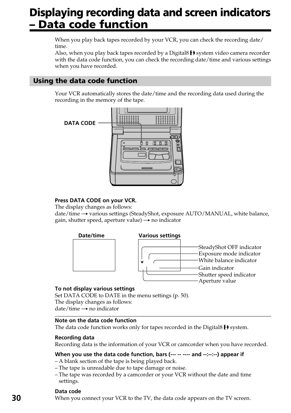 Using the data code function | Sony GV-D800 User Manual | Page 30 / 76