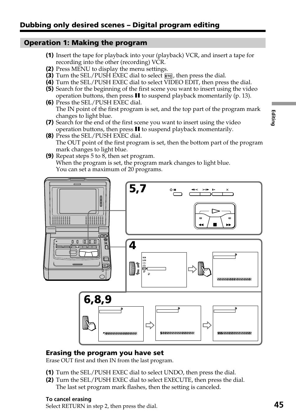 Erasing the program you have set, Erase out first and then in from the last program | Sony GV-D800 User Manual | Page 45 / 76