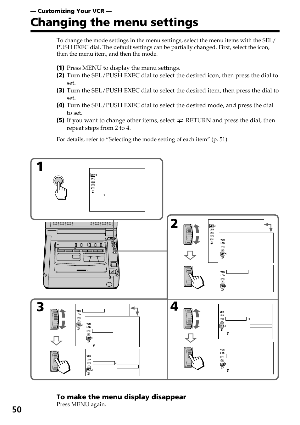 Changing the menu settings | Sony GV-D800 User Manual | Page 50 / 76