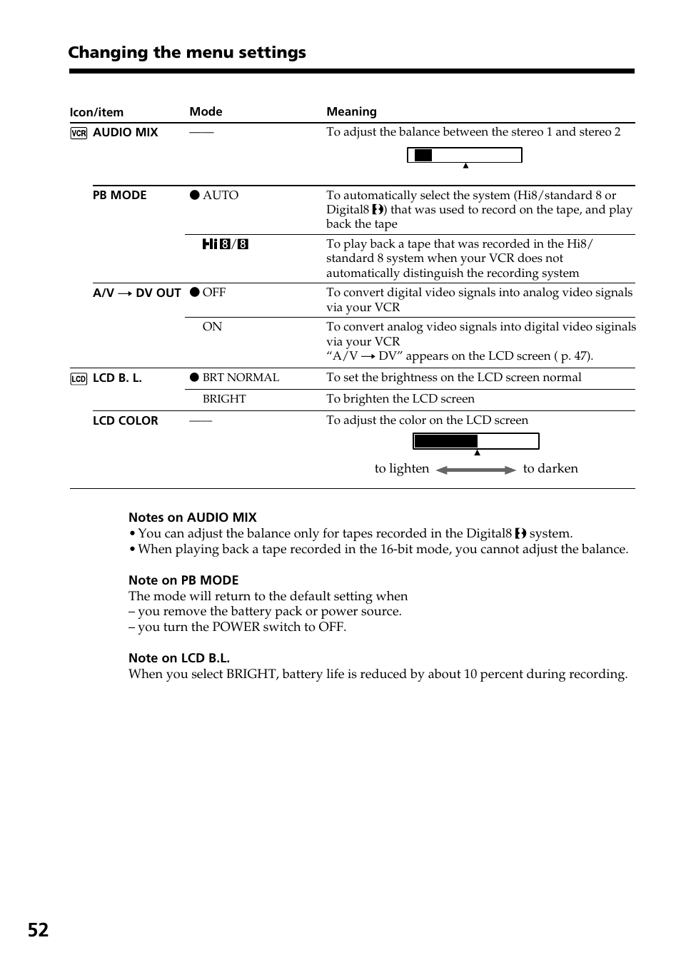 Changing the menu settings | Sony GV-D800 User Manual | Page 52 / 76