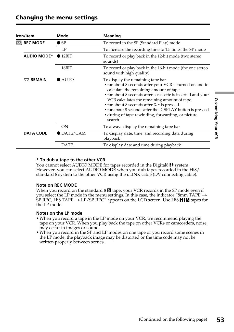 Changing the menu settings | Sony GV-D800 User Manual | Page 53 / 76