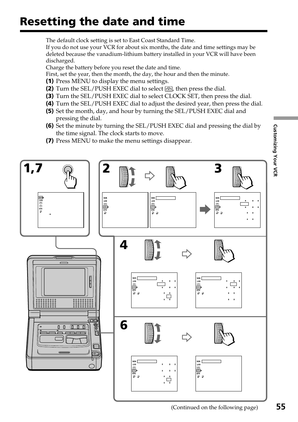 Resetting the date and time, Continued on the following page) | Sony GV-D800 User Manual | Page 55 / 76