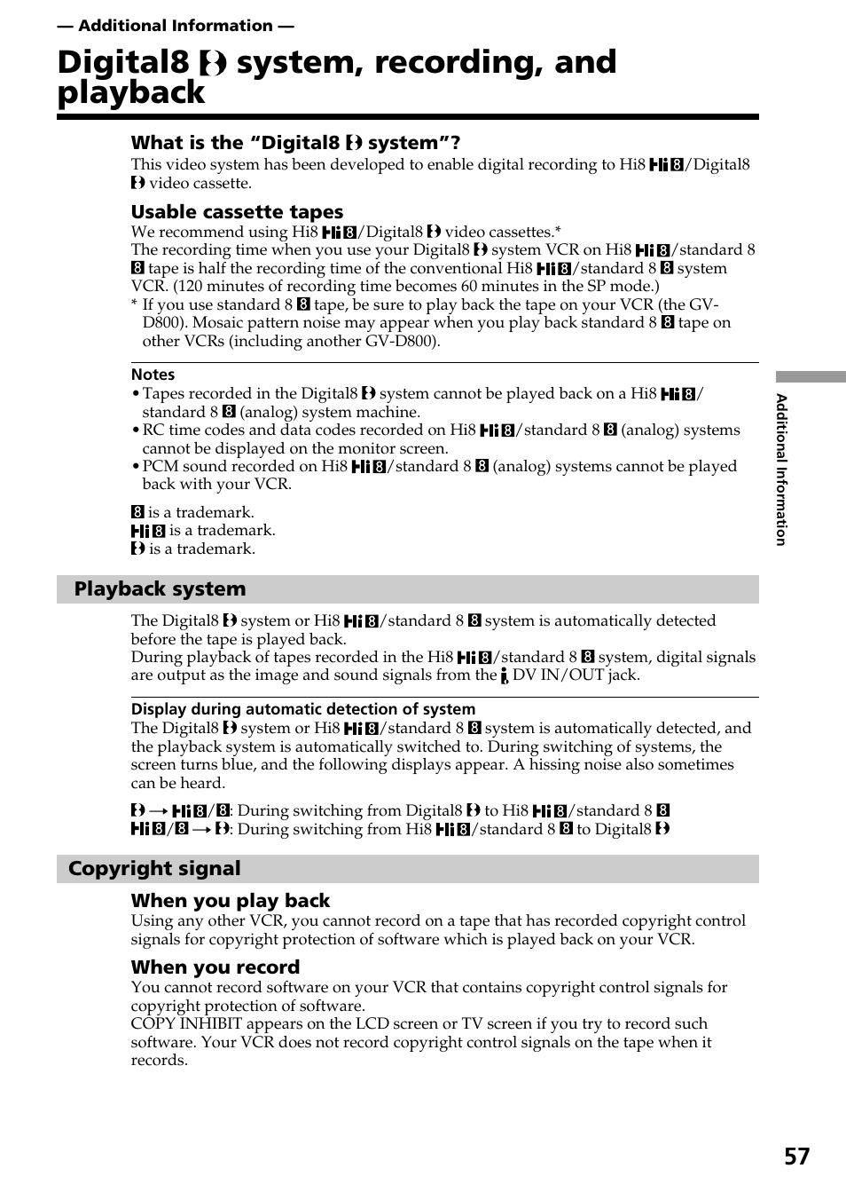 Digital8 system, recording, and playback | Sony GV-D800 User Manual | Page 57 / 76