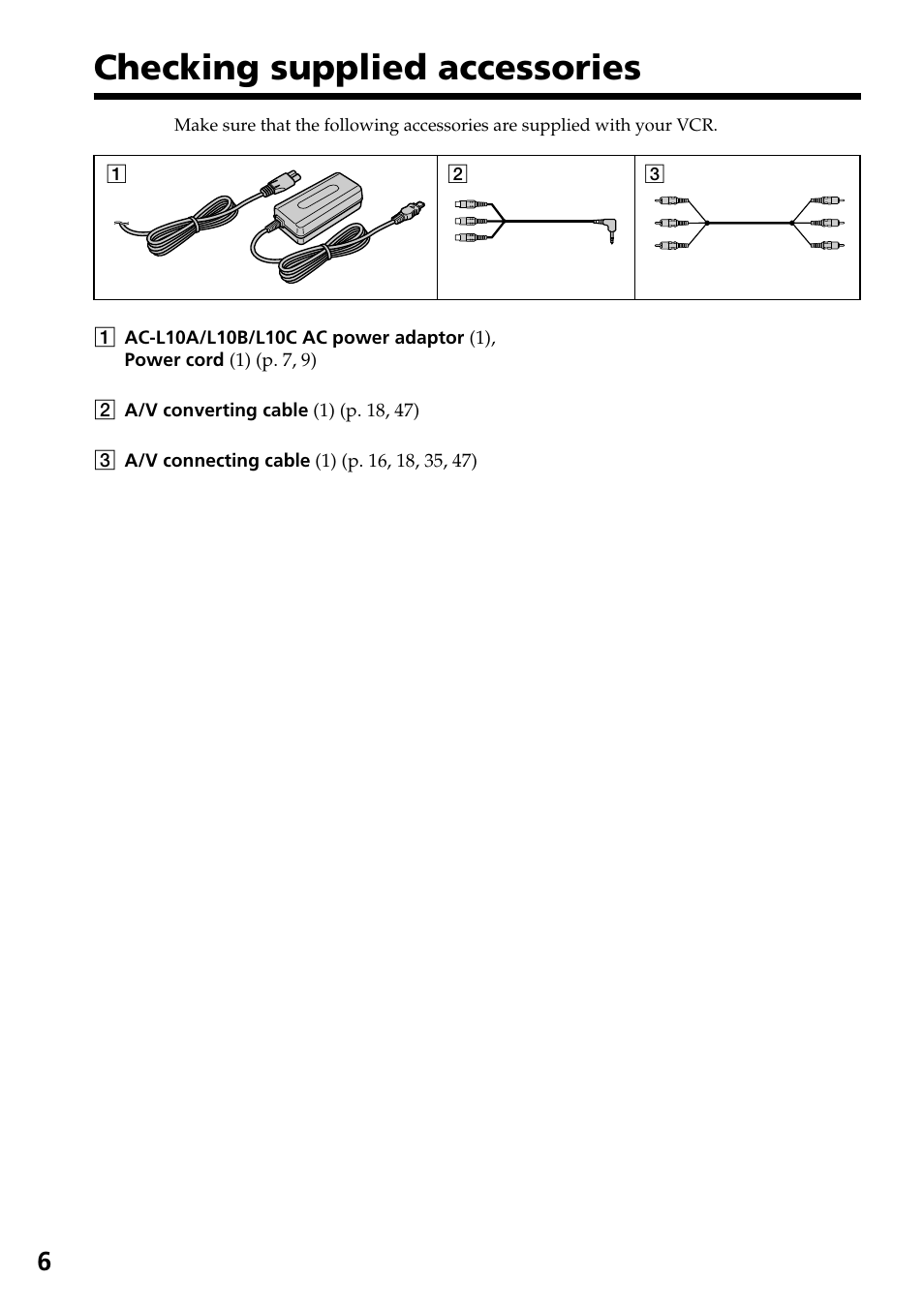 Checking supplied accessories | Sony GV-D800 User Manual | Page 6 / 76