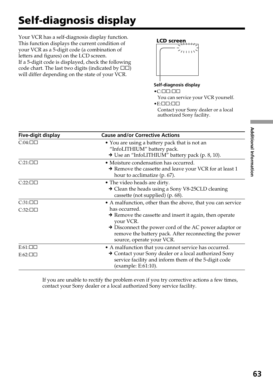 Self-diagnosis display | Sony GV-D800 User Manual | Page 63 / 76