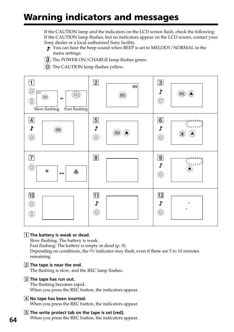 Warning indicators and messages | Sony GV-D800 User Manual | Page 64 / 76