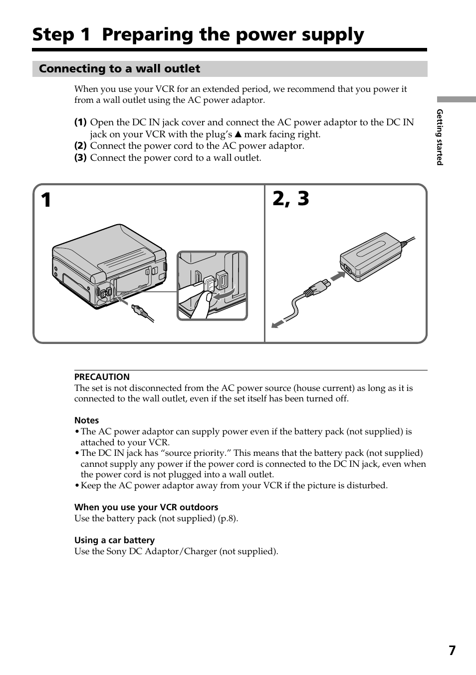 Step 1 preparing the power supply | Sony GV-D800 User Manual | Page 7 / 76