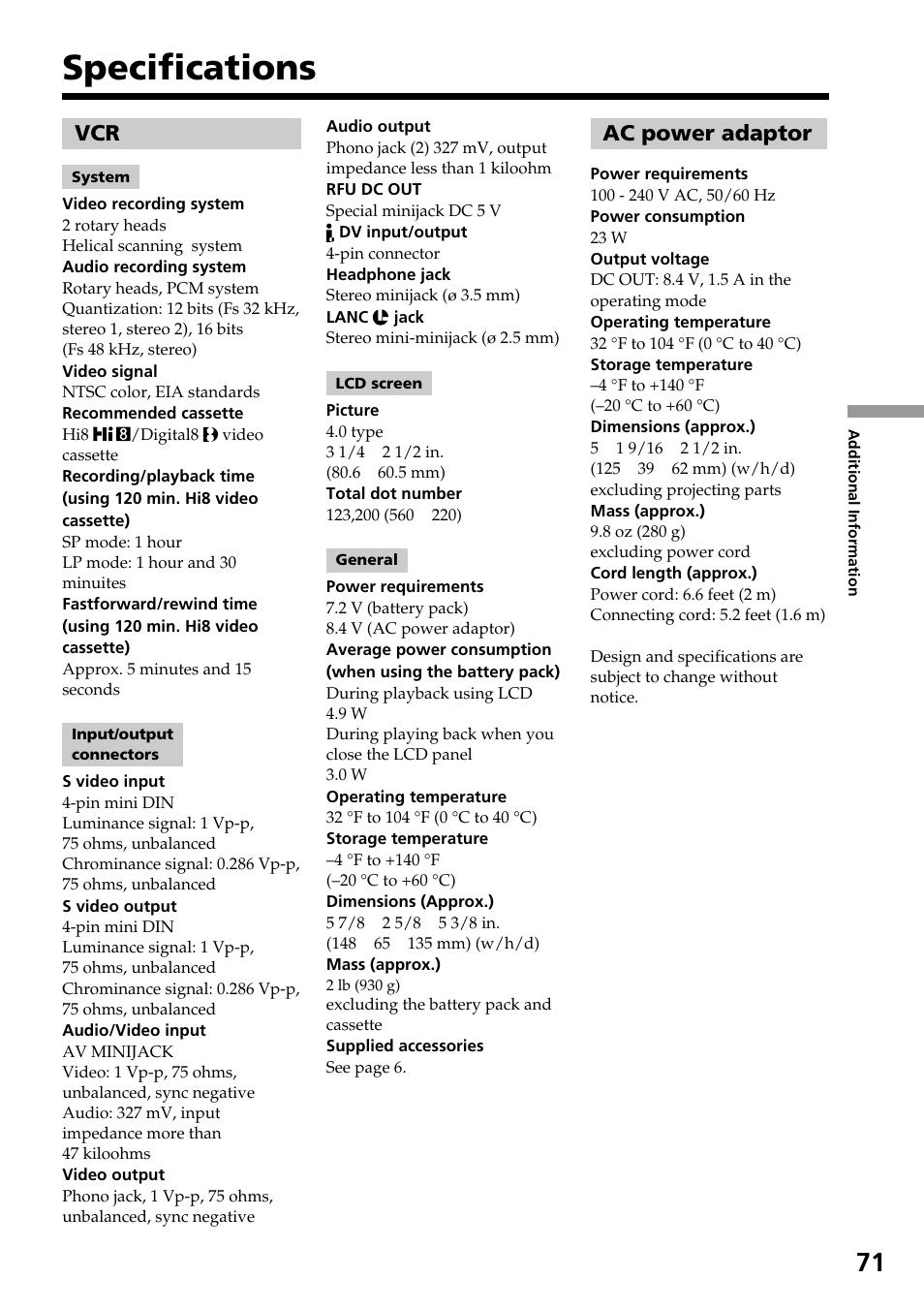 Specifications, Ac power adaptor | Sony GV-D800 User Manual | Page 71 / 76