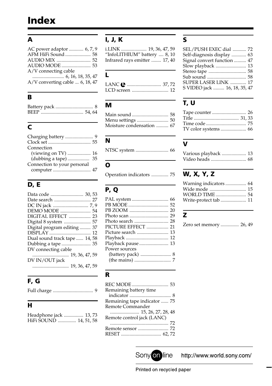 Index | Sony GV-D800 User Manual | Page 76 / 76