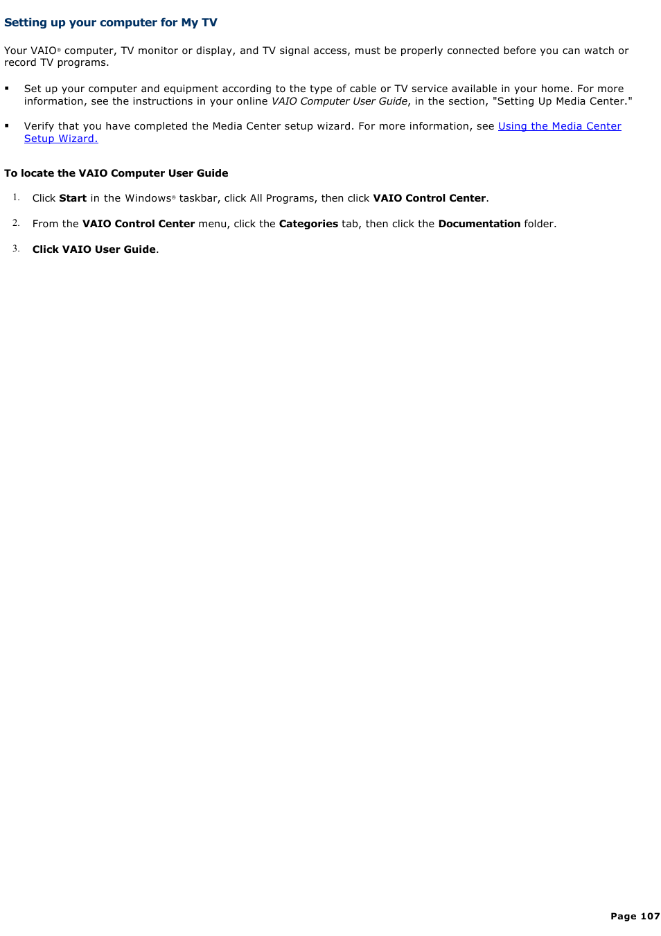 Setting up your computer for my tv | Sony VAIO VGCRB40 User Manual | Page 107 / 243