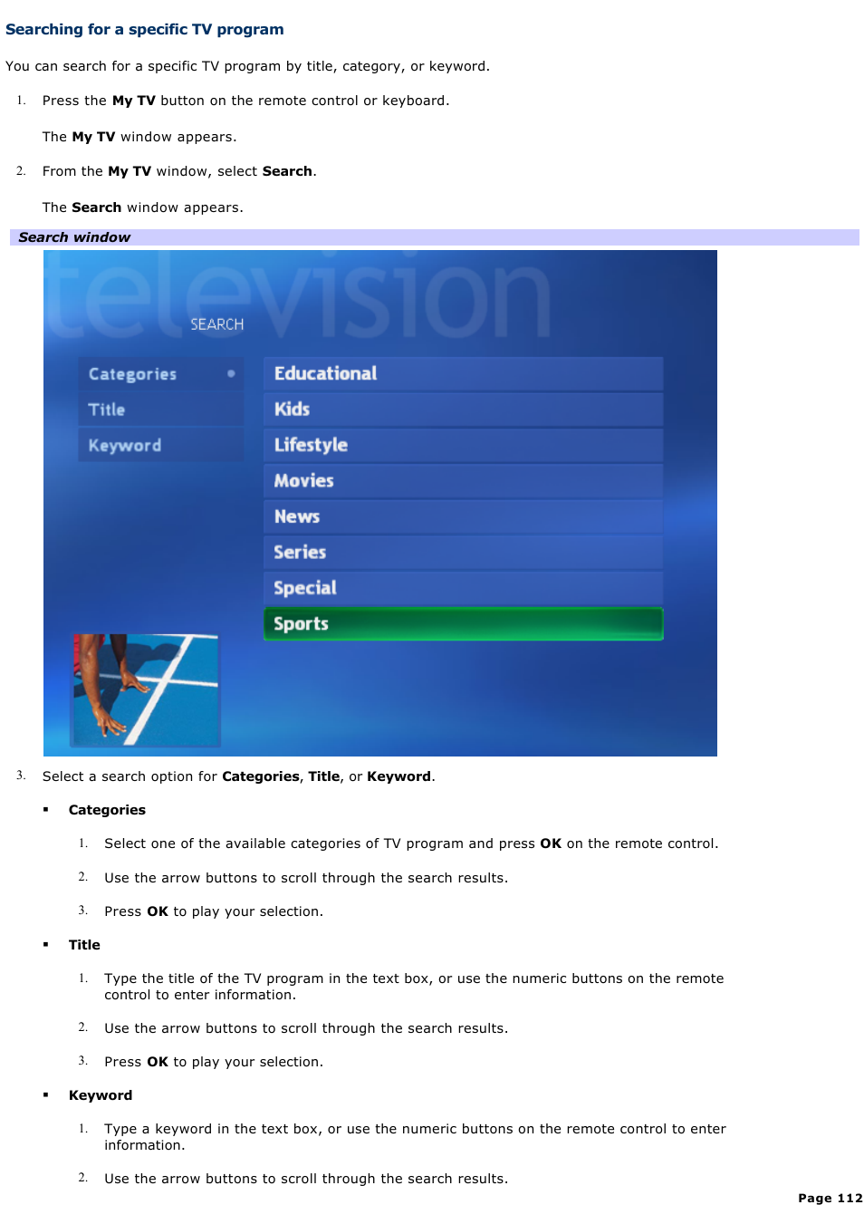 Searching for a specific tv program | Sony VAIO VGCRB40 User Manual | Page 112 / 243