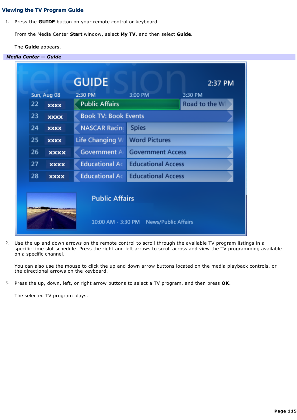 Viewing the tv program guide | Sony VAIO VGCRB40 User Manual | Page 115 / 243