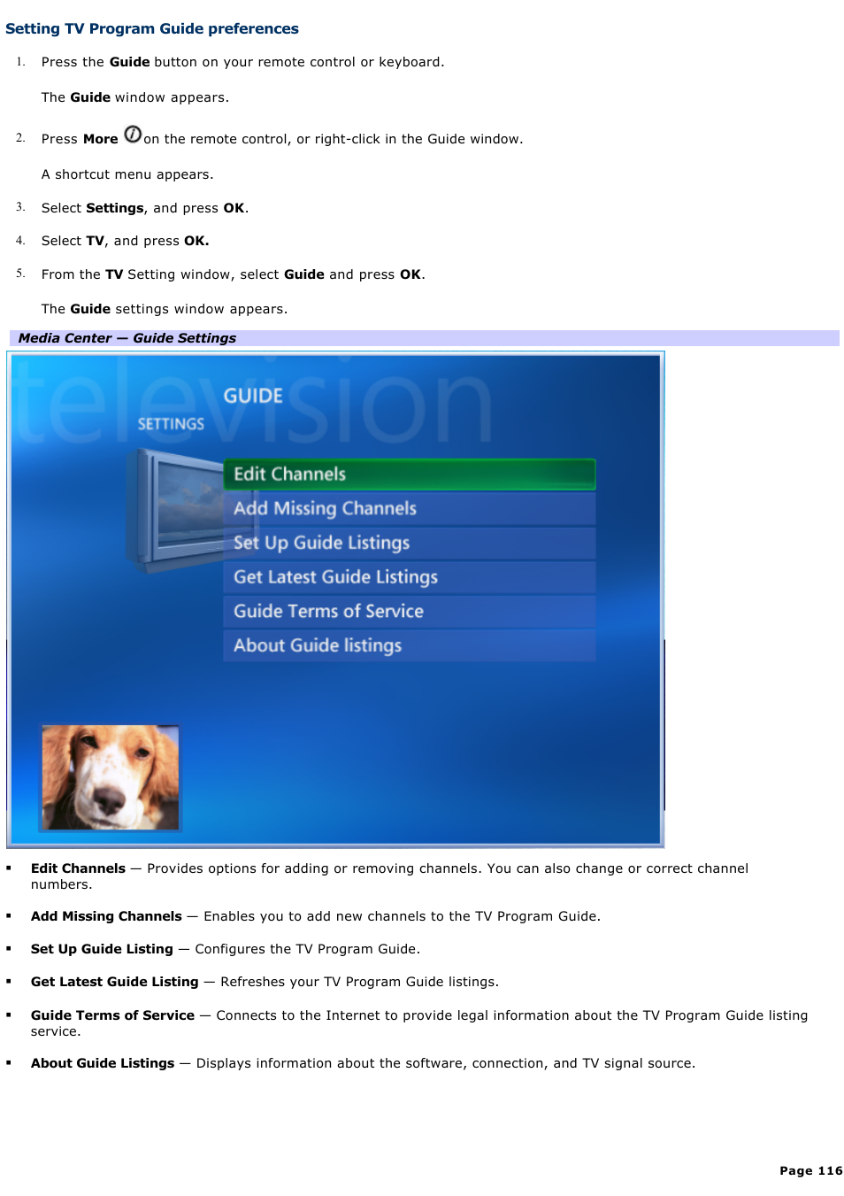 Setting tv program guide preferences | Sony VAIO VGCRB40 User Manual | Page 116 / 243