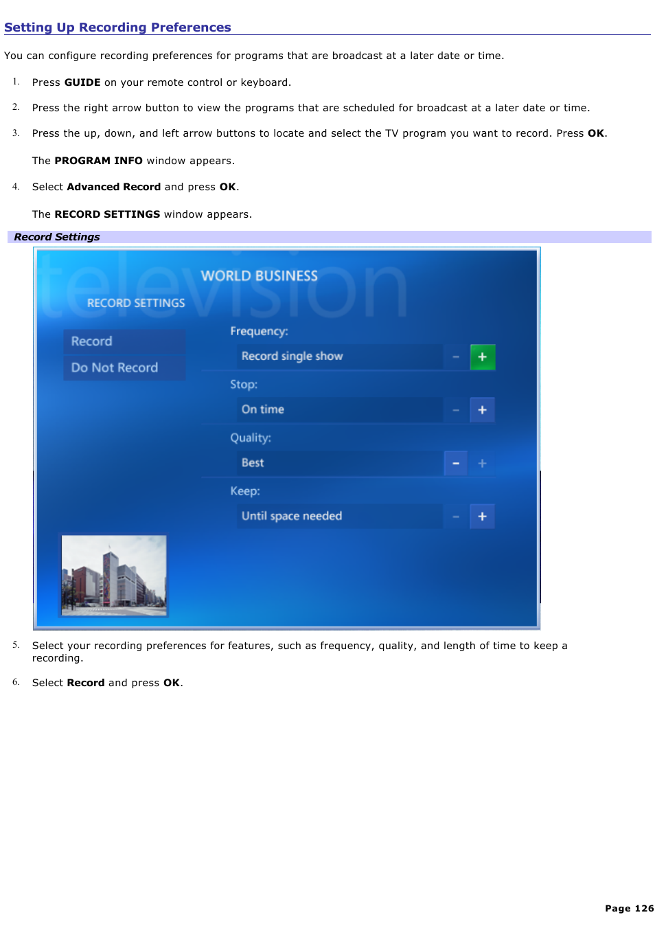 Setting up recording preferences | Sony VAIO VGCRB40 User Manual | Page 126 / 243