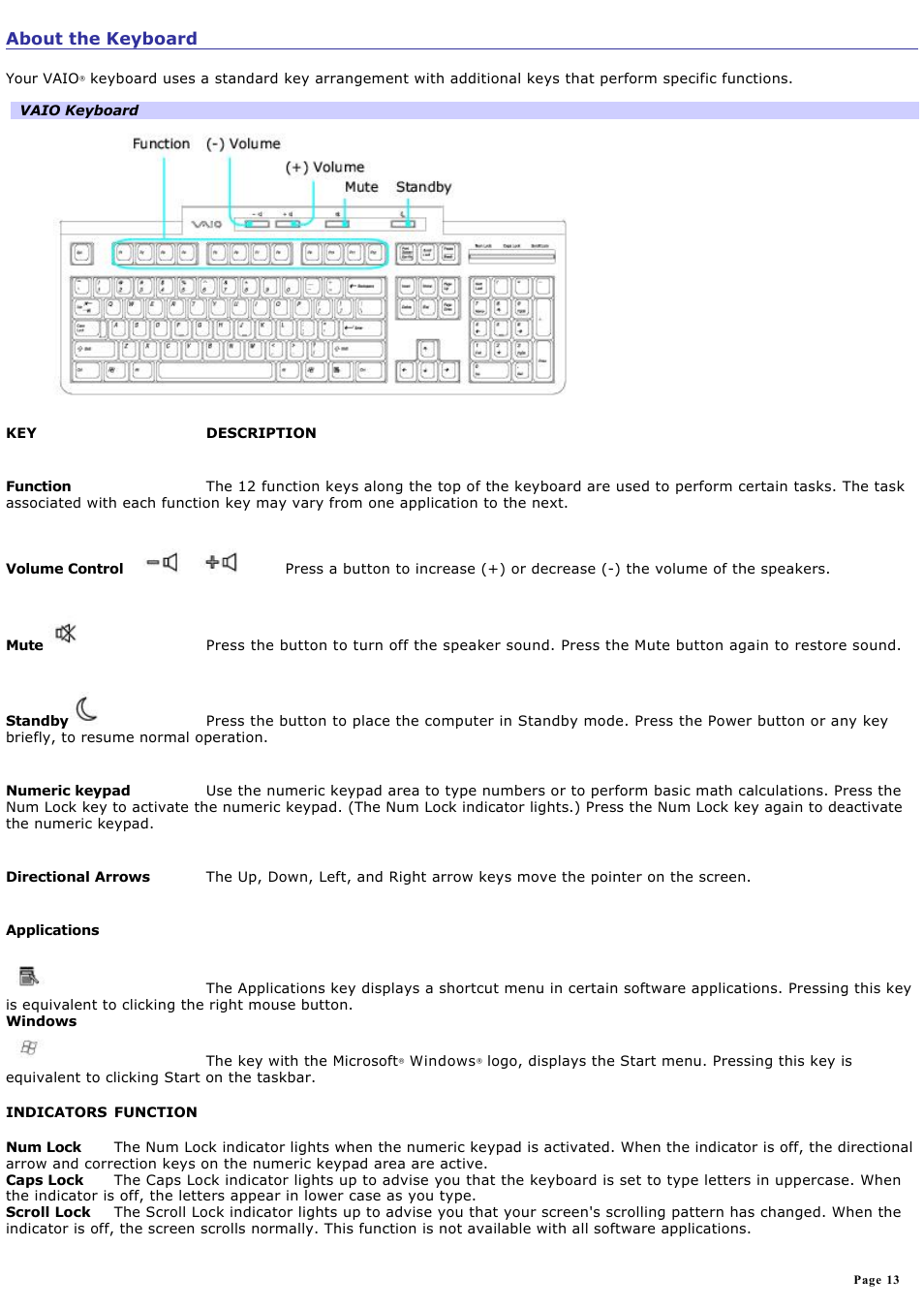 About the keyboard | Sony VAIO VGCRB40 User Manual | Page 13 / 243