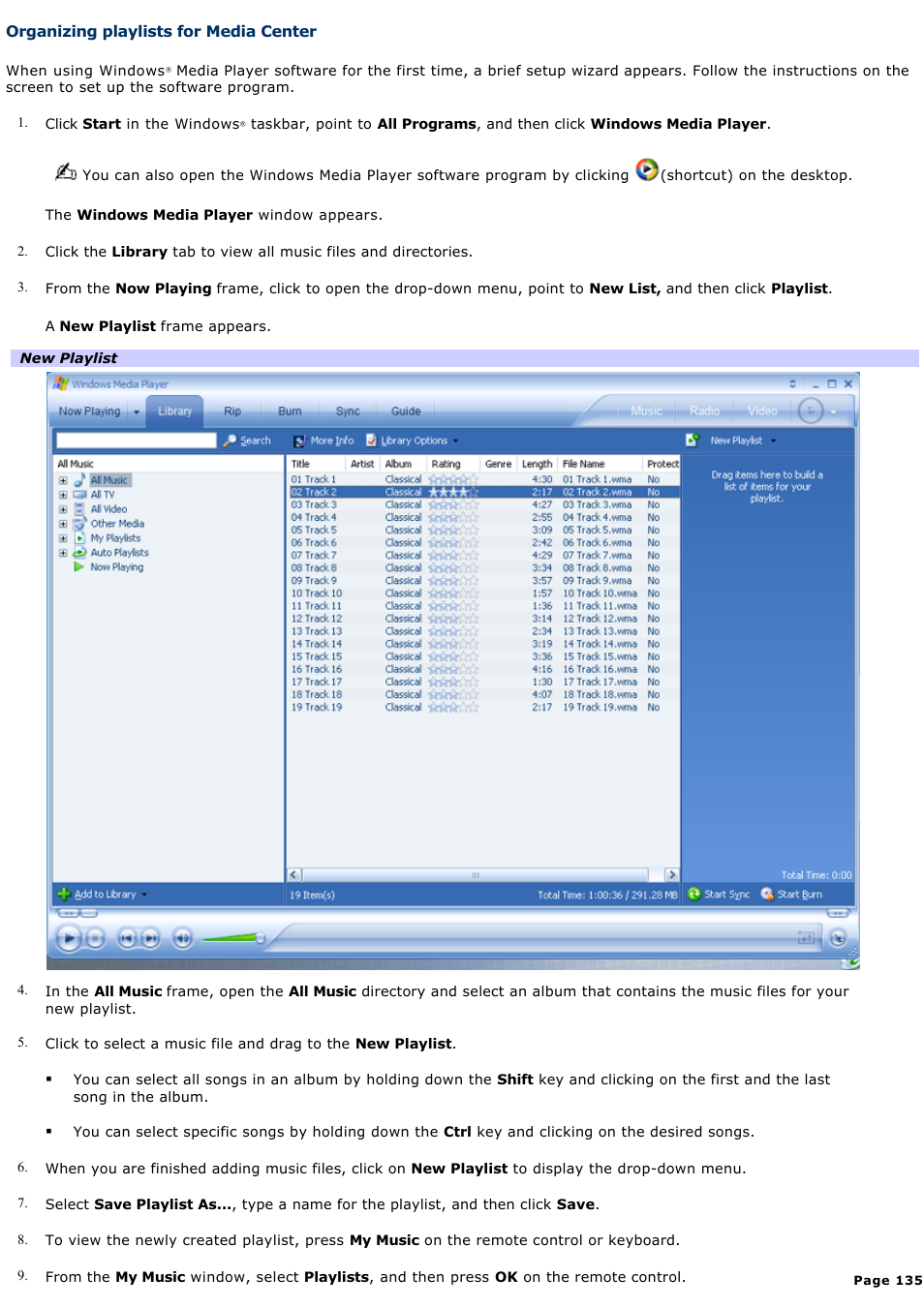 Organizing playlists for media center | Sony VAIO VGCRB40 User Manual | Page 135 / 243