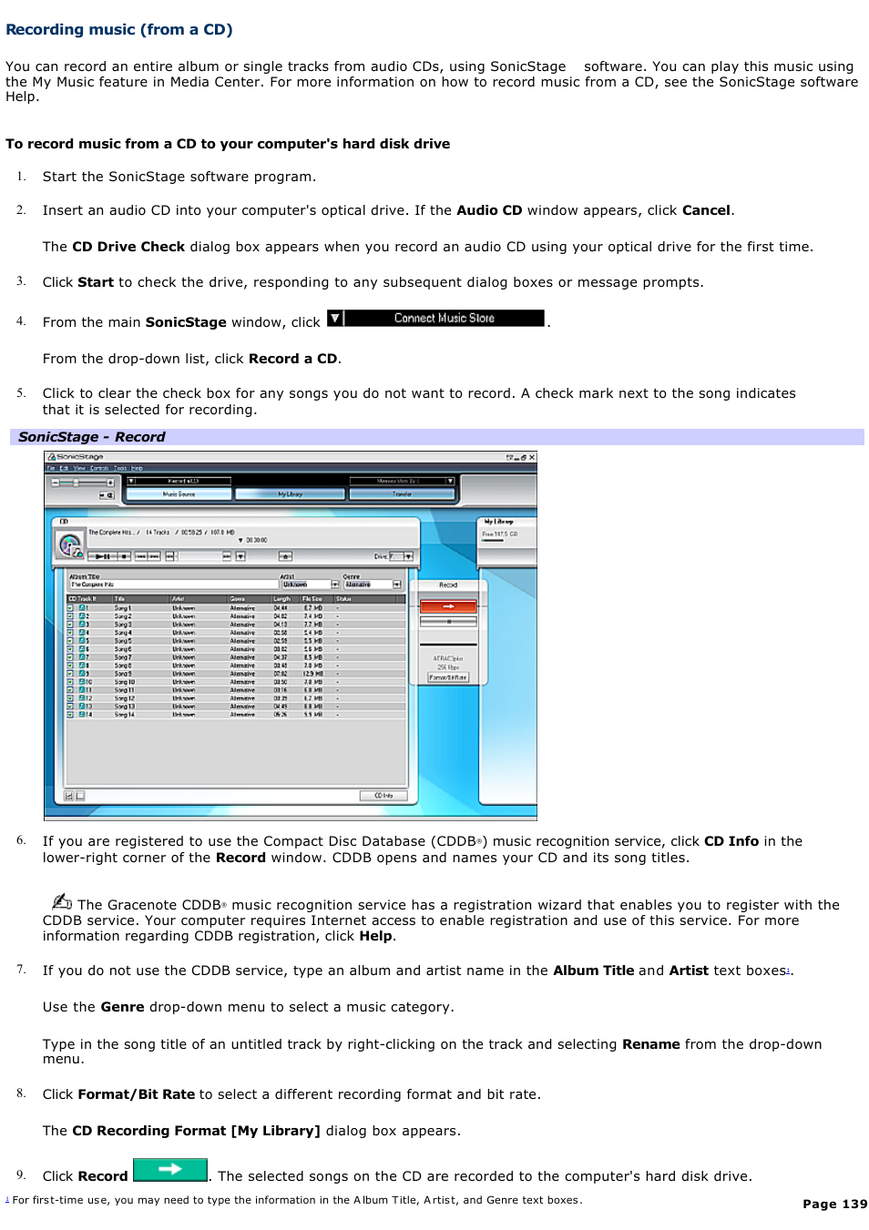 Recording music (from a cd) | Sony VAIO VGCRB40 User Manual | Page 139 / 243