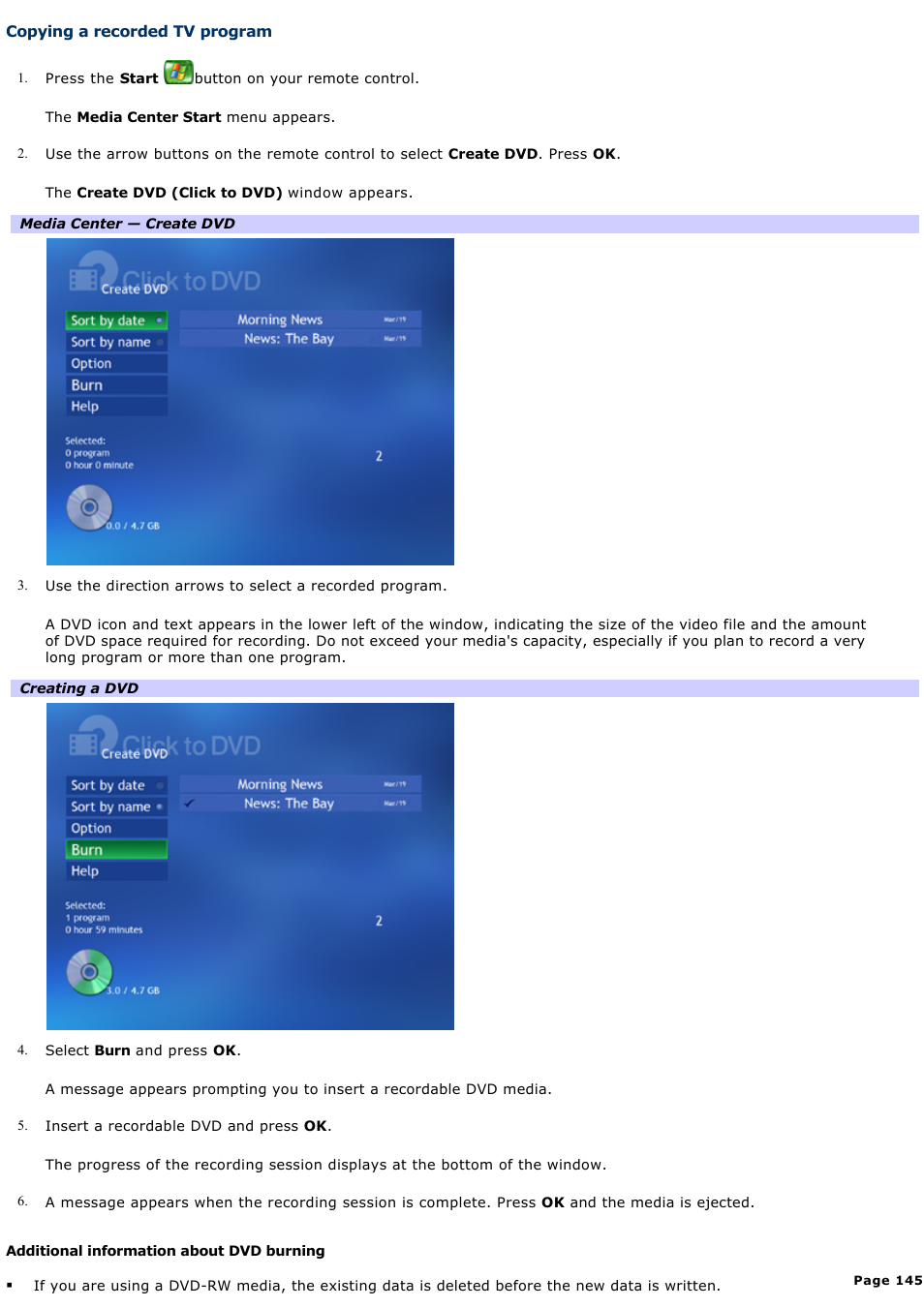 Copying a recorded tv program | Sony VAIO VGCRB40 User Manual | Page 145 / 243