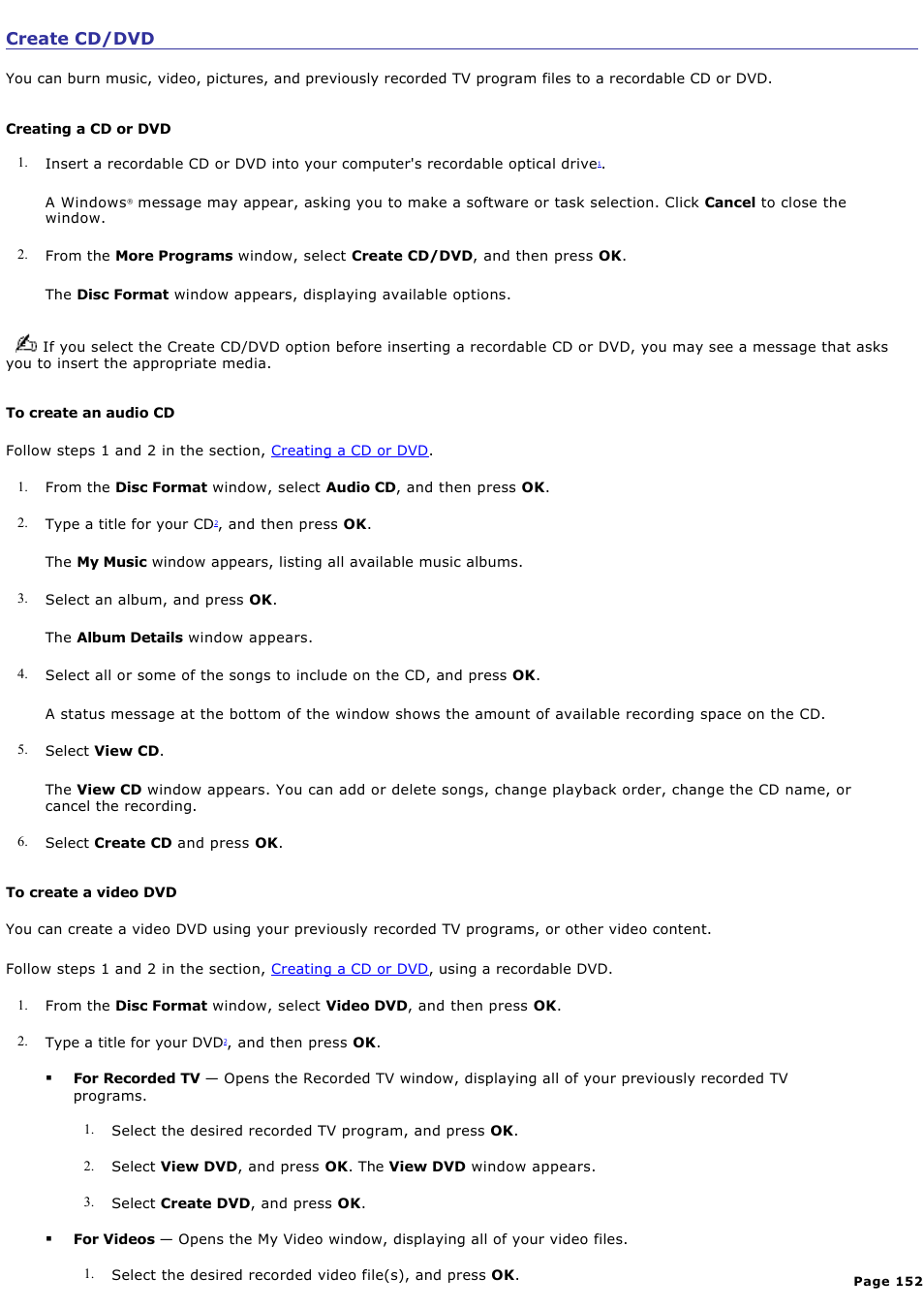 Create cd/dvd | Sony VAIO VGCRB40 User Manual | Page 152 / 243