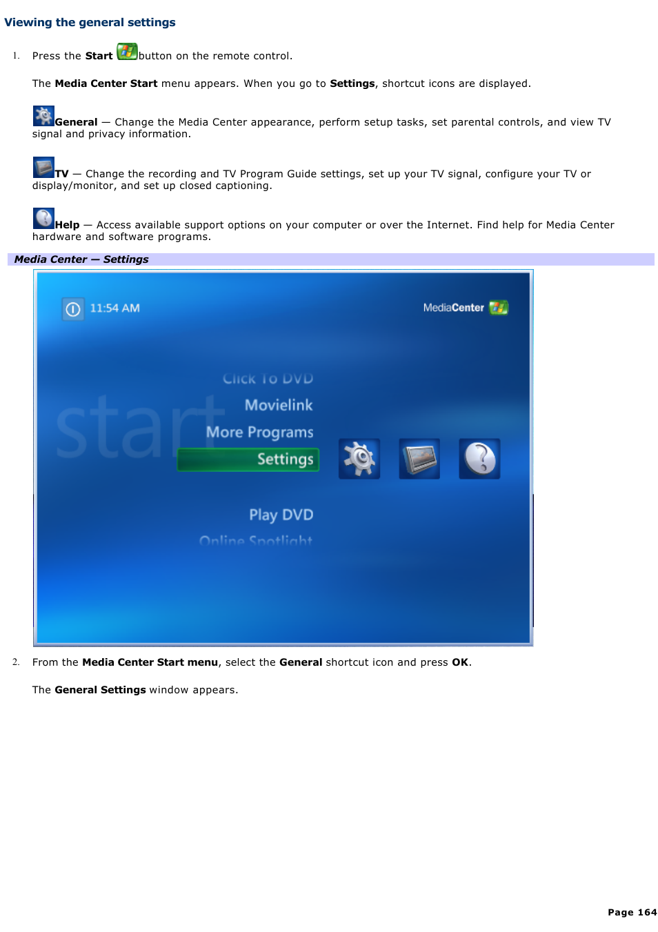 Viewing the general settings | Sony VAIO VGCRB40 User Manual | Page 164 / 243