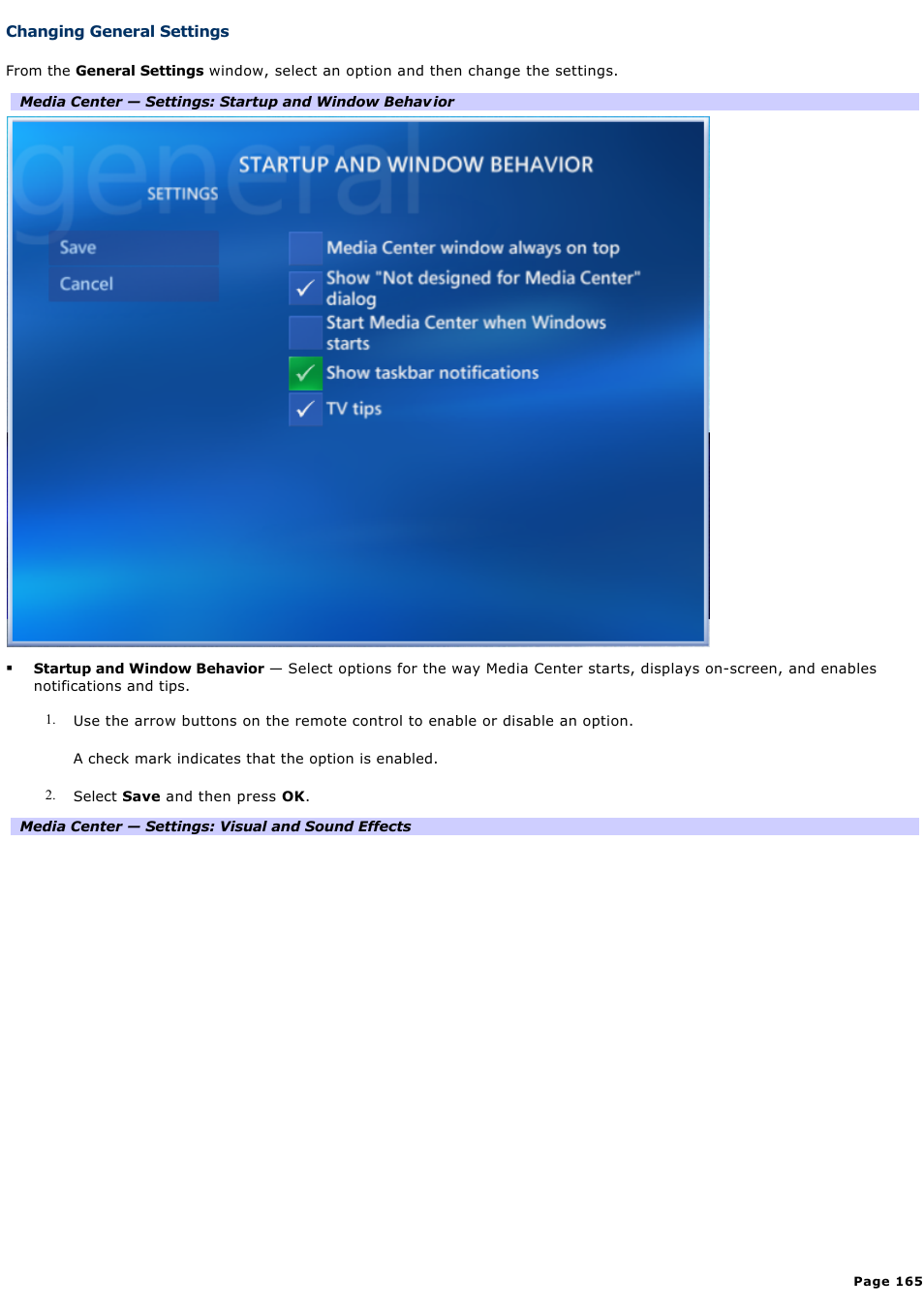 Changing general settings | Sony VAIO VGCRB40 User Manual | Page 165 / 243