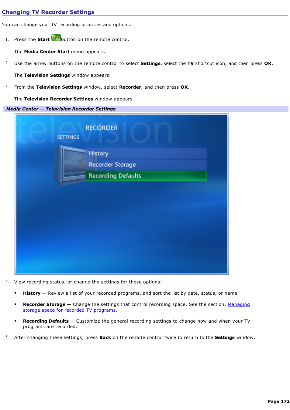 Changing tv recorder settings | Sony VAIO VGCRB40 User Manual | Page 172 / 243