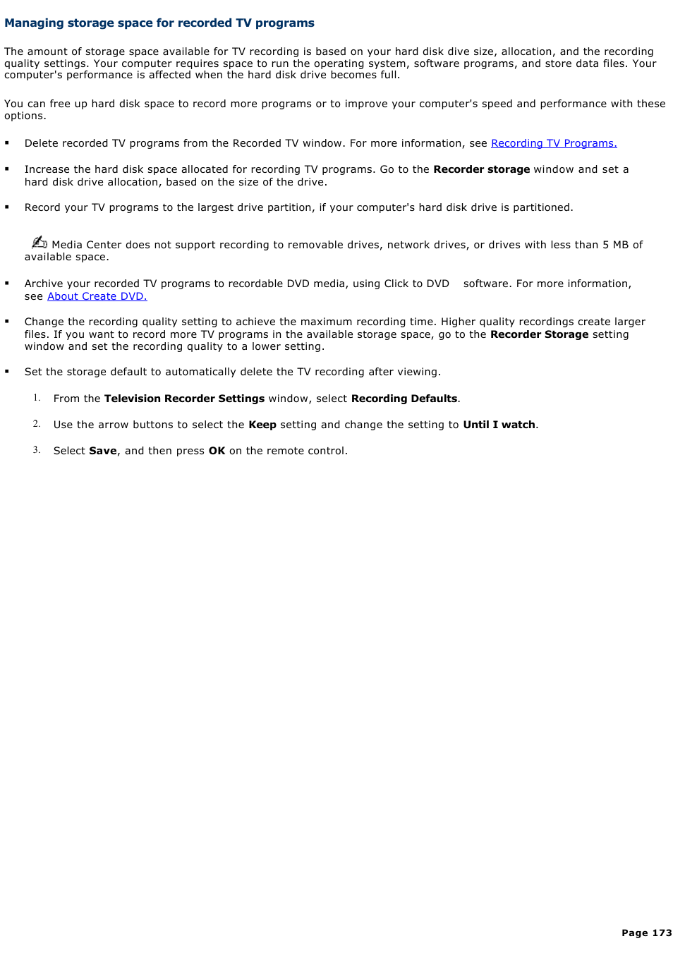 Managing storage space for recorded tv programs | Sony VAIO VGCRB40 User Manual | Page 173 / 243