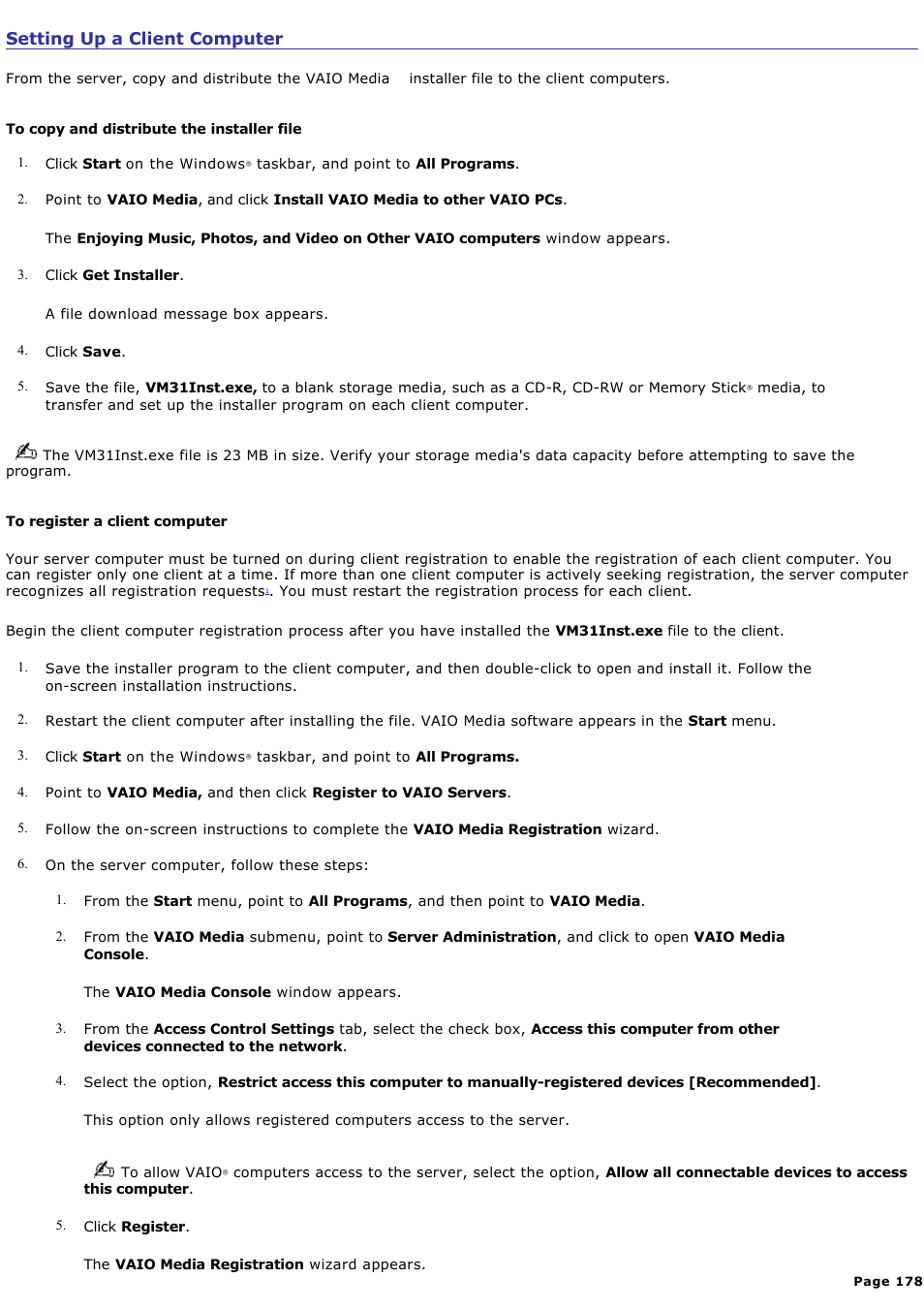 Setting up a client computer | Sony VAIO VGCRB40 User Manual | Page 178 / 243