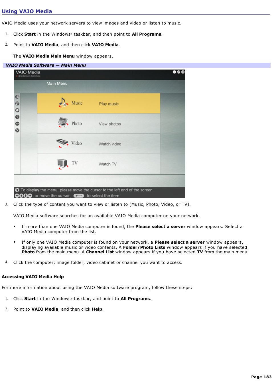 Using vaio media | Sony VAIO VGCRB40 User Manual | Page 183 / 243