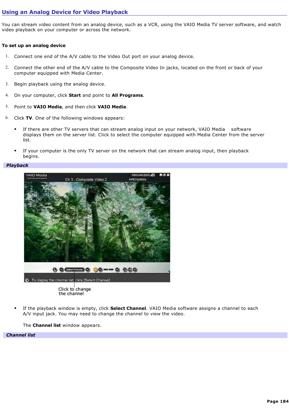 Using an analog device for video playback | Sony VAIO VGCRB40 User Manual | Page 184 / 243